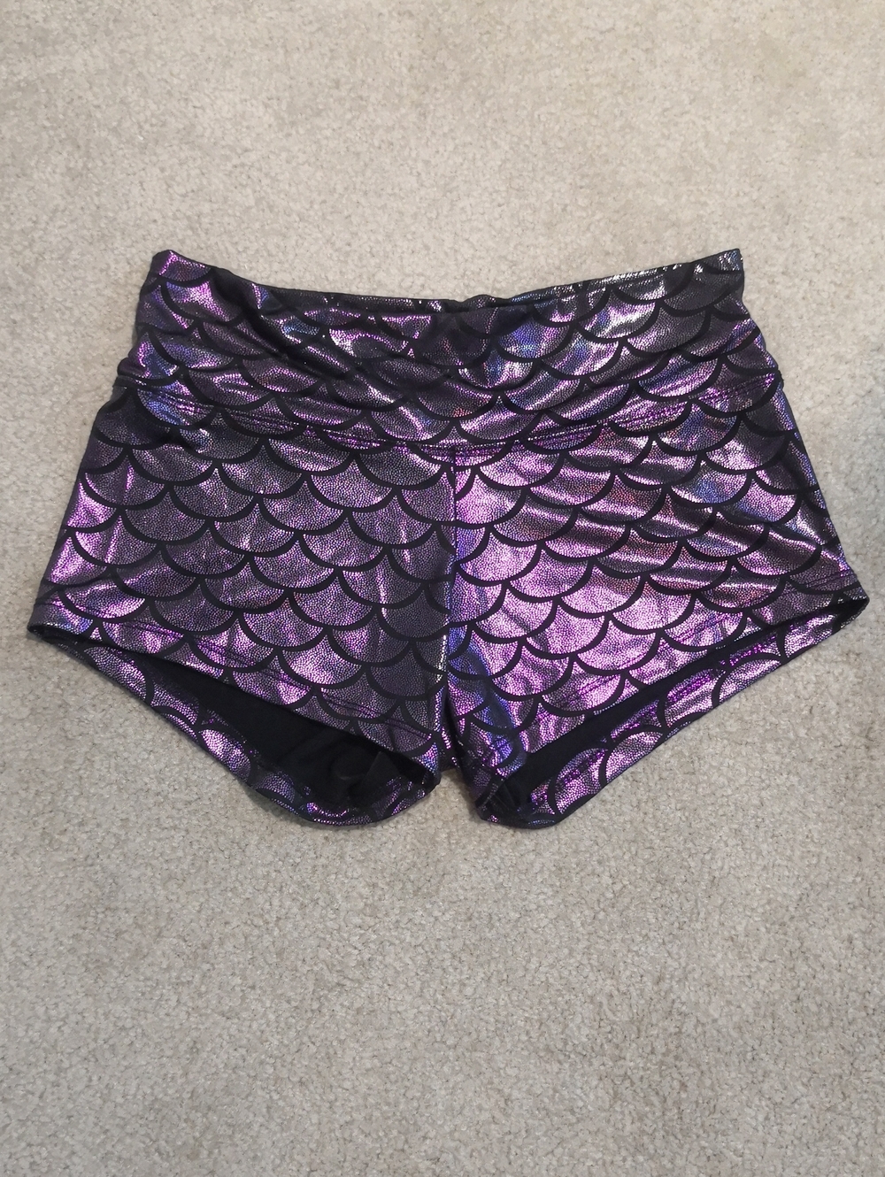 Metallic purple mermaid fish-scale booty shorts